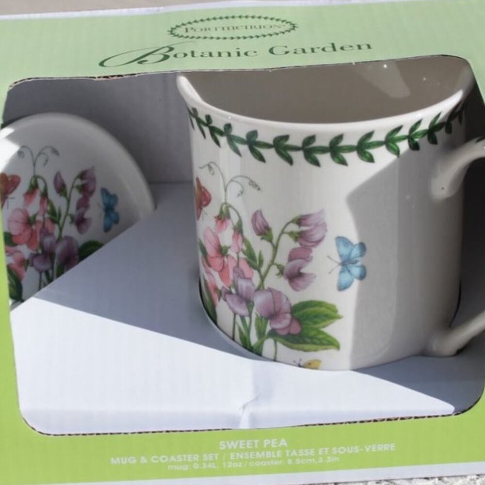 Portmeirion Ceramic Mug & Coaster Set Butterfly Floral Sweet Pea Butterfly